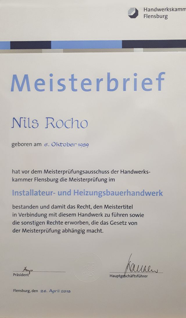 Nils Rocho Heizung-, Sanitär und Klimatechnik über uns Meisterbrief 01