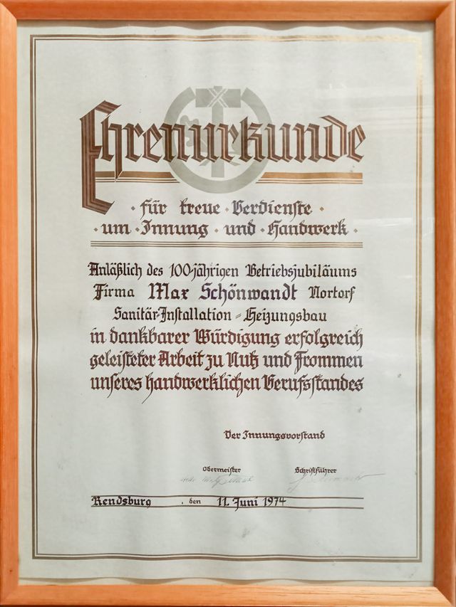 Nils Rocho Heizung-, Sanitär und Klimatechnik über uns Urkunde 100 Jahre 01